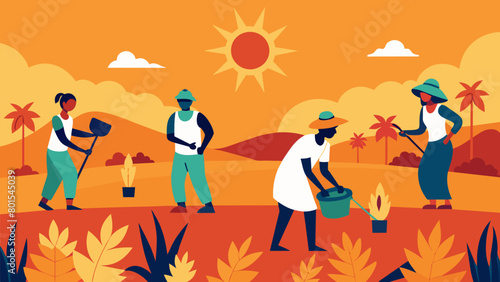A group of individuals working in a field under the hot sun symbolizing the harsh conditions they were forced to endure.. Vector illustration