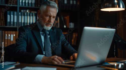 Middle aged professional business man ceo investor working online looking at computer in office. Busy older mature businessman executive or entrepreneur wearing suit sitting at desk using laptop. 
