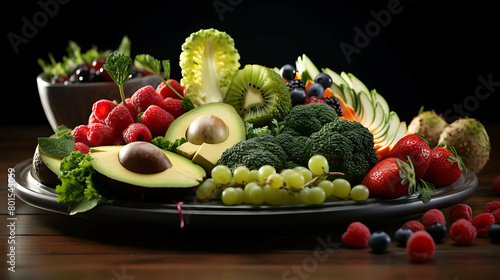 A fruit and vegetable platter with a variety of textures and colors  including crunchy pears  creamy avocado  and crispy broccoli.