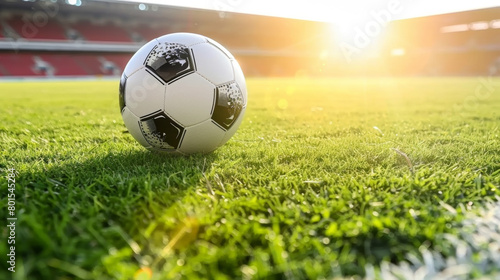 A white soccer ball is sitting on a green field. The sun is shining brightly on the field  creating a warm and inviting atmosphere