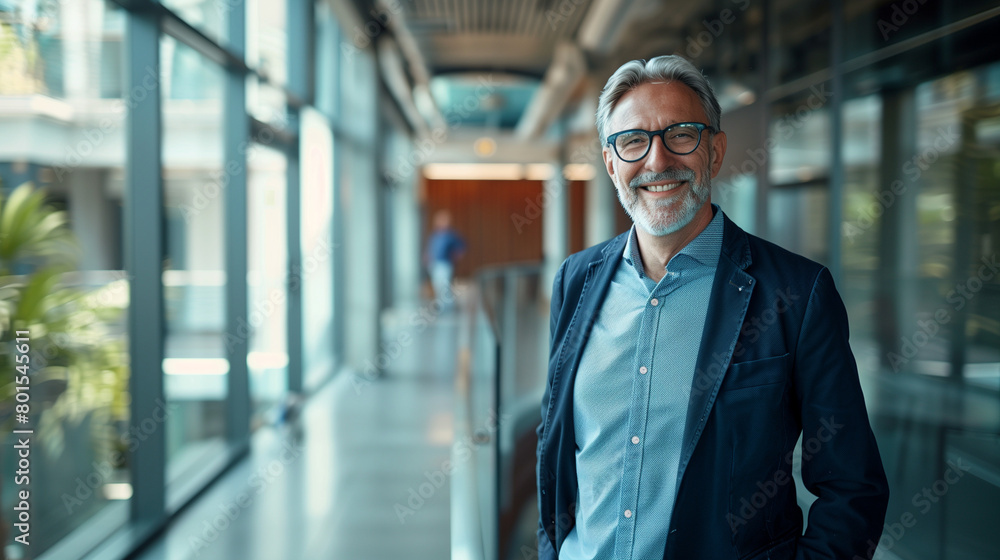 Smiling older bank manager or investor, happy middle aged business man boss leader, confident mid adult professional businessman executive standing in office hallway, mature entrepreneur portrait Smiling older bank manager or investor, happy middle aged business man boss leader, confident mid adult professional businessman executive standing in office hallway, mature entrepreneur portrait