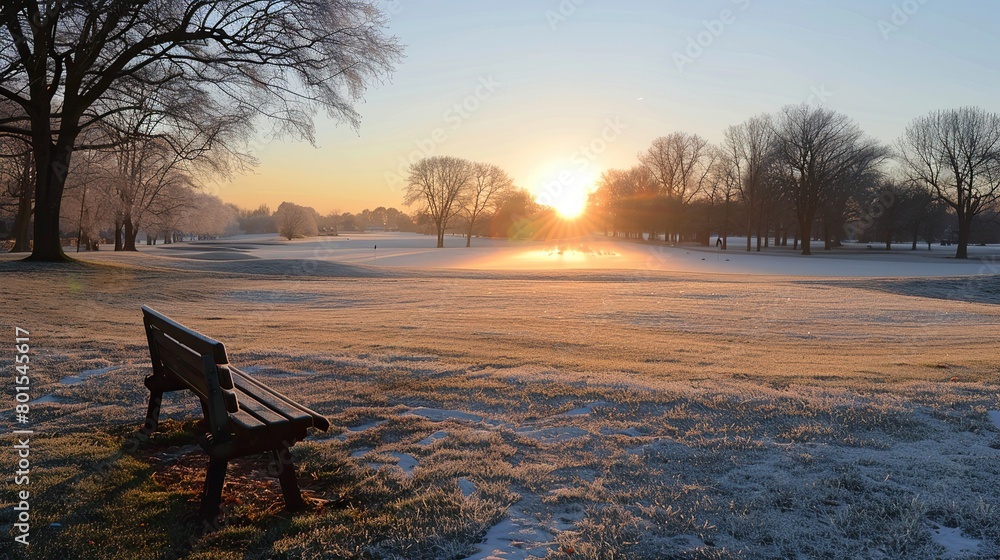 A park bench sits in a snowy field. The sun is rising in the distance, casting a warm glow over the scene.