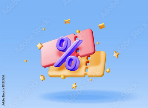 3d coupon with percent symbol and confetti isolated. Render discount voucher or coupon. Blank ticket shopping paper. Promotional offer confirmation. Bonus purchase, gift concept. Vector Illustration