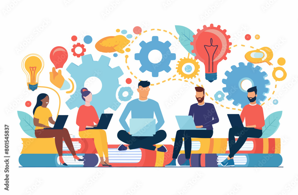 a group of people sitting on top of a pile of books a group of people sitting on top of a pile of books