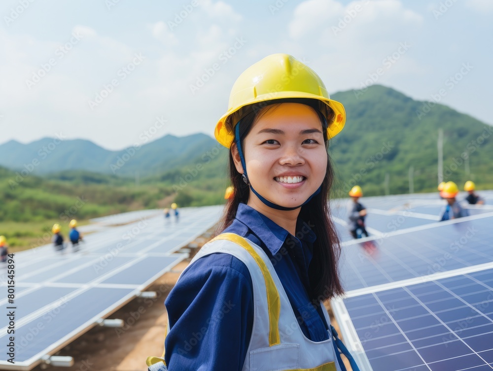 Smiling female engineer at solar power plant Smiling female engineer at solar power plant