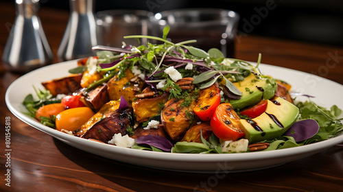 A healthy salad with roasted sweet potatoes  mixed greens  and a variety of colorful vegetables  topped with a citrus vinaigrette.
