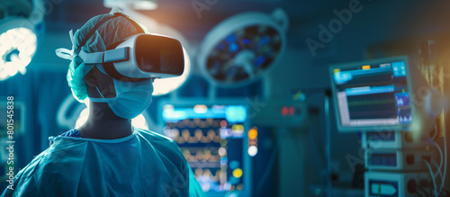 A surgeon practicing a complex neurosurgical procedure using VR, with the focus on the VR headset and their concentrated expression, medical procedures, doctor using virtual realit photo