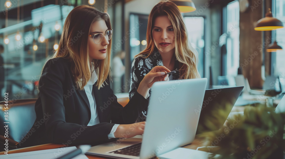 Two busy female coworkers working together using computer planning marketing project. Professional business women employees looking at laptop discussing corporate software sitting at desk in office. Two busy female coworkers working together using computer planning marketing project. Professional business women employees looking at laptop discussing corporate software sitting at desk in office.