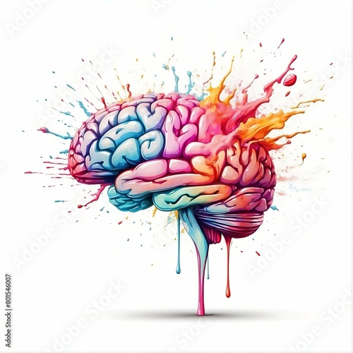 A drawing of a brain with colorful paint splatters. Perfect for illustrating and the complexity.