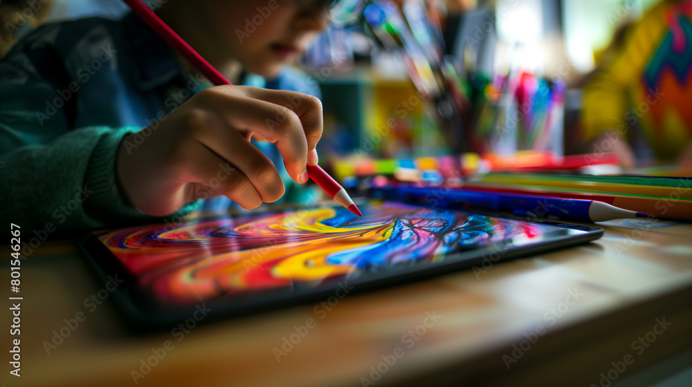 An interactive art game on a tablet where a student colors and designs digital artwork, showing a vibrant and creative interface, Education, Gamification of the educational process An interactive art game on a tablet where a student colors and designs digital artwork, showing a vibrant and creative interface, Education, Gamification of the educational process