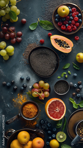 Assorted Fresh Fruits and Berries on a Dark Background