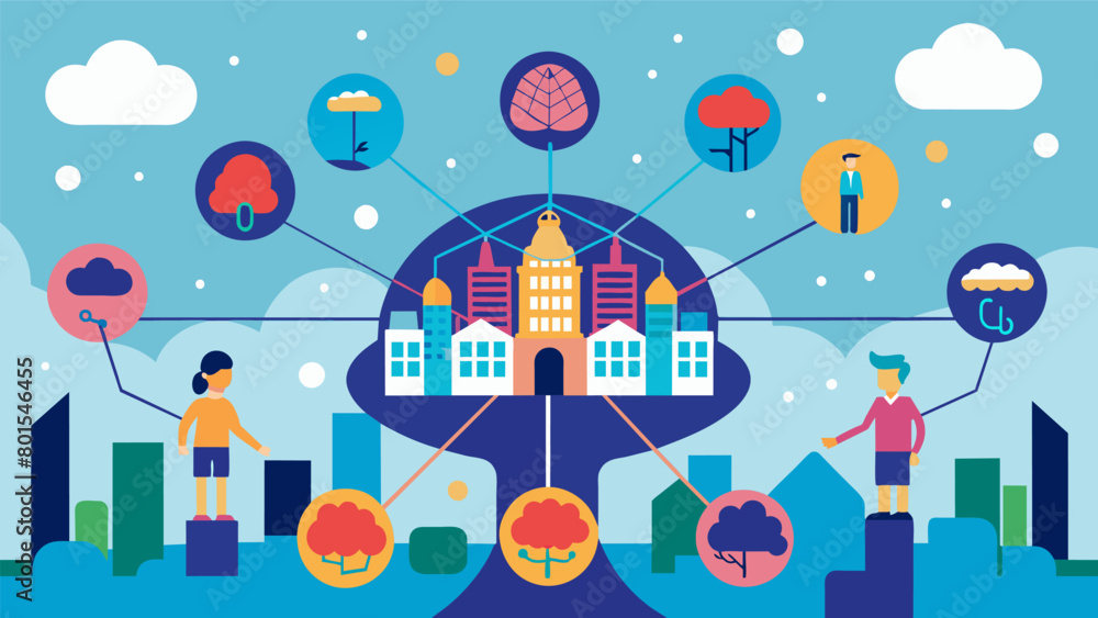 A harmonious city with individuals connected through a neural network creating a sense of unity and collective intelligence.. A harmonious city with individuals connected through a neural network creating a sense of unity and collective intelligence..