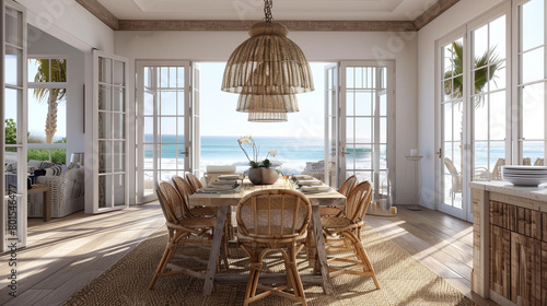 A coastal-inspired dining room with wicker chairs, a driftwood chandelier, and ocean views through French doors.