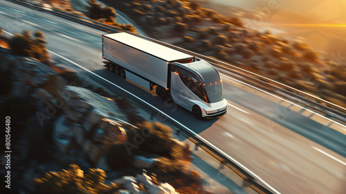 A panoramic view of an autonomous truck navigating a steep incline on a test track, demonstrating its power and stability, Transport, Electric and autonomous vehicles, natural ligh photo