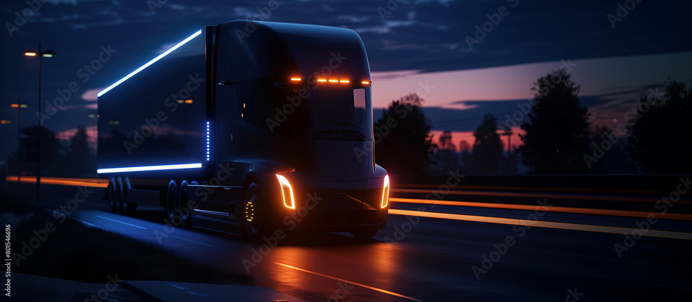 The truck at night, illuminated only by its own LED headlights, testing its night-time driving capabilities and sensor effectiveness, Transport, Electric and autonomous vehicles, n The truck at night, illuminated only by its own LED headlights, testing its night-time driving capabilities and sensor effectiveness, Transport, Electric and autonomous vehicles, n