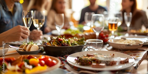 a table full of food and wine glasses with people sitting around it eating and drinking wine and talking to each other