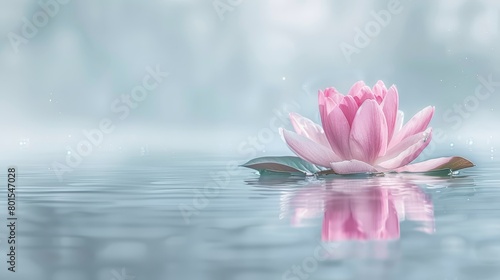  A pink flower floats atop the water surface, its center graced by a submerged leaf