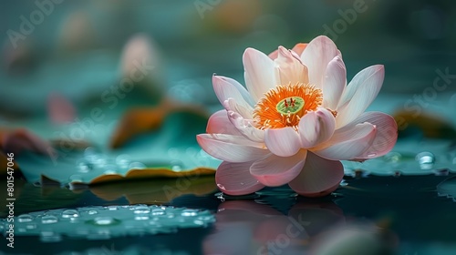   A tight shot of a pink bloom hovering above mirrored water  adorned with droplets at its base
