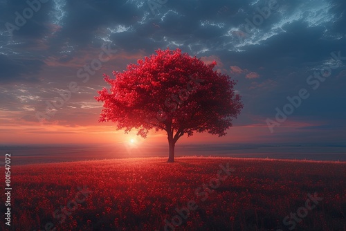 Red tree stands in a field. The sun is setting, casting a warm glow over the scene