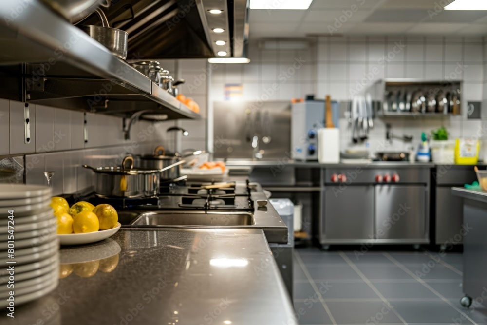 Modern restaurant kitchen interior with washbasin and stove