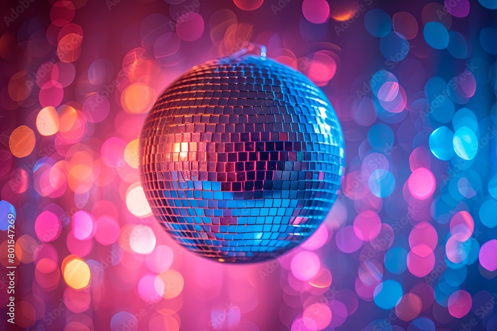 Obraz premium Disco ball in a colorful background surrounded by a blurry, colorful background that gives the impression of a party or celebration