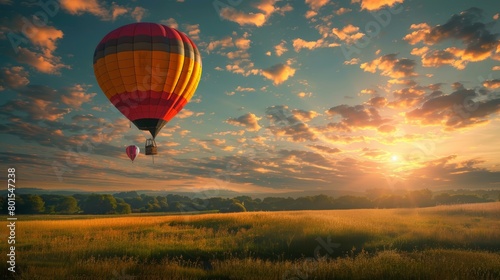 Colorful hot air balloon floating in a vibrant sunset sky over a lush field. Freedom and exploration theme. Design for adventure tourism and serene landscapes