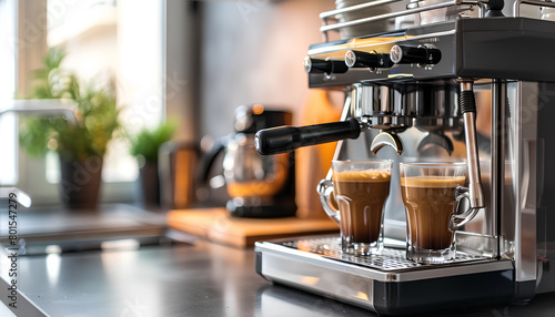 Modern coffee machine with glasses of hot espresso on table in kitchen