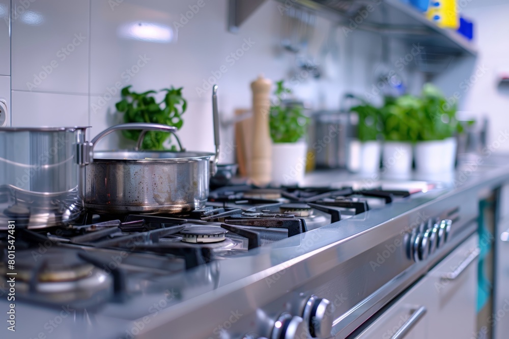 Modern restaurant kitchen interior with washbasin and stove Modern restaurant kitchen interior with washbasin and stove