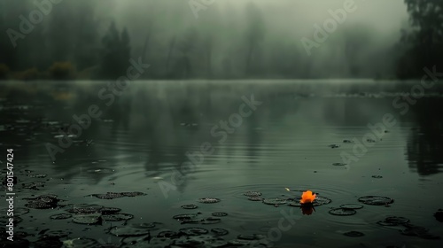   A tiny orange object floats atop a serene lake, surrounded by a dense forest teeming with numerous leaf-covered trees © Mikus
