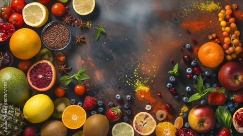 Assorted Citrus Fruit and Berries on a Vibrant Textured Backdrop