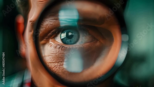 Close-up of eye looking through magnifying glass. Concept of inspection and detail focus. photo