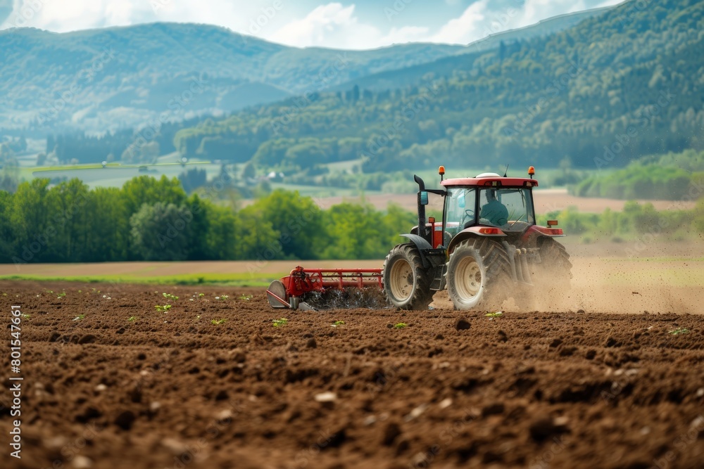 Fototapeta premium Tractor machine with plow in action, turning the soil.