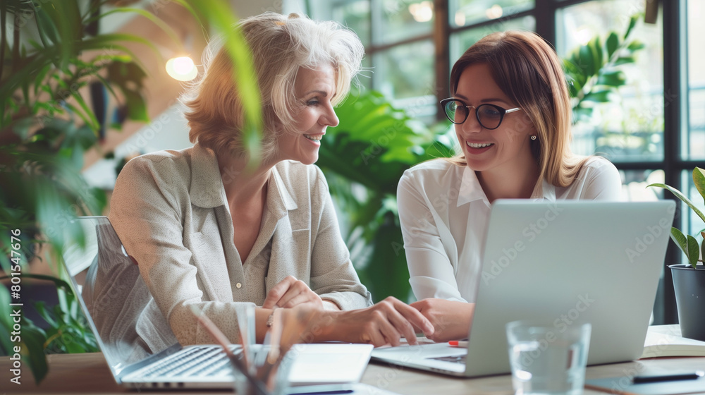 Two happy busy female employees working together using computer planning project. Middle aged professional business woman consulting teaching young employee looking at laptop sitting at desk in offic
Two happy busy female employees working together using computer planning project. Middle aged professional business woman consulting teaching young employee looking at laptop sitting at desk in offic