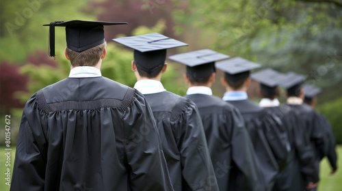 A group of men in graduation gowns are walking down a path. Scene is one of accomplishment and pride, as the men are dressed in their graduation attire and walking together