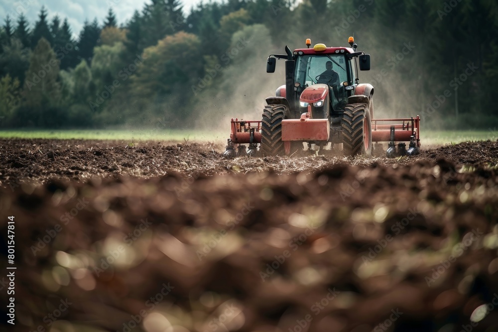 Fototapeta premium Tractor machine with plow in action, turning the soil.
