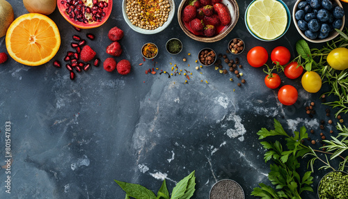 Colorful Array of Healthy Ingredients on Dark Background