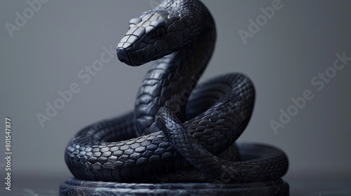 A black snake statue sits on a black pedestal. The statue is made of metal and has a shiny, reflective surface. The snake appears to be coiled up, with its head resting on its tail photo