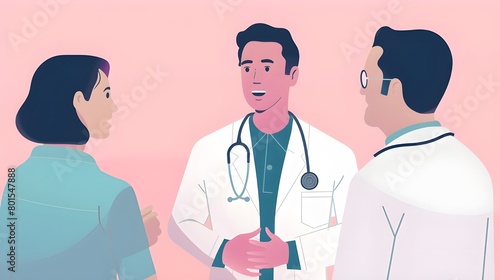  illustration of doctors talking each other. three doctor, two male doctor and a female doctor.