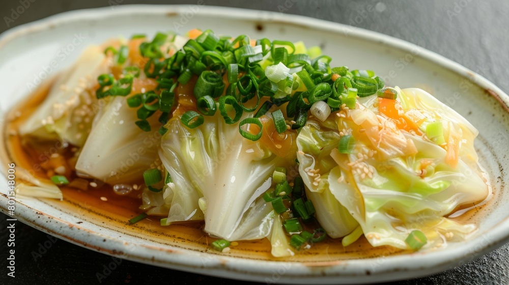 Boiled cabbage, garnished with green onions and sweet pepper, light soy sauce. Boiled cabbage, garnished with green onions and sweet pepper, light soy sauce.