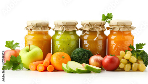 Jars of healthy baby food, fresh apple and vegetables isolated on white background