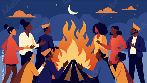 A group of community members gathered around a large bonfire symbolizing the burning passion and resilience of African American activists throughout. Vector illustration
