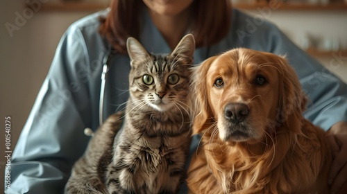 Veterinarian with a Golden Retriever and cat. vet with animal. photo