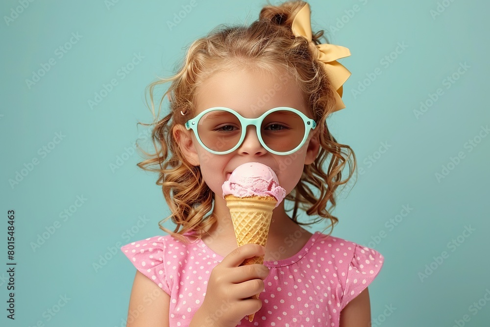 Delightful Young Girl in Casual Attire and Trendy Sunglasses Relishing a Chilled Ice Cream Cone Against a Vividly Colored Backdrop Delightful Young Girl in Casual Attire and Trendy Sunglasses Relishing a Chilled Ice Cream Cone Against a Vividly Colored Backdrop