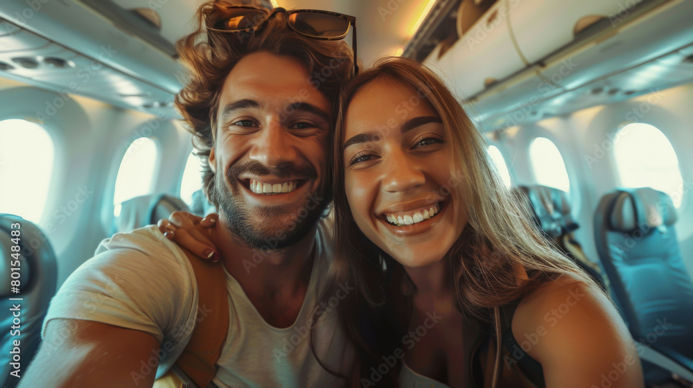 Happy couple takes a selfie on the plane. A cheerful man and woman are flying on a trip in the cabin of an airplane. Vacation, transportation concept. Happy couple takes a selfie on the plane. A cheerful man and woman are flying on a trip in the cabin of an airplane. Vacation, transportation concept.
