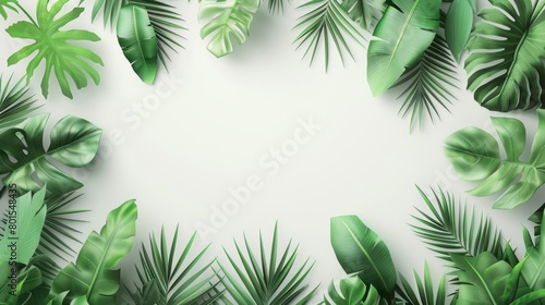 A lively frame consisting of various tropical green leaves outlining a clean white background  ideal for vibrant designs and nature themes.