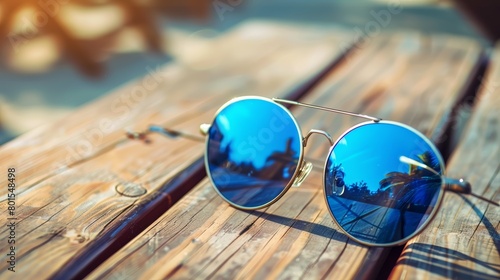 Blue sunglasses reflecting palm trees on a wooden surface. Lifestyle close-up shot. Leisure and travel concept. Design for banner, postcard © Tatyana