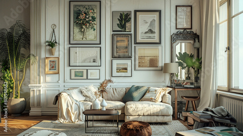 A contemporary gallery wall with a mix of artwork, mirrors, and wall hangings to add personality to a blank wall. photo