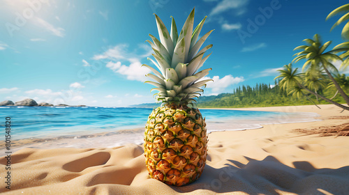 A pineapple standing upright on a tropical beach, with a few pineapple leaves and a coconut nearby, under a sunny sky.