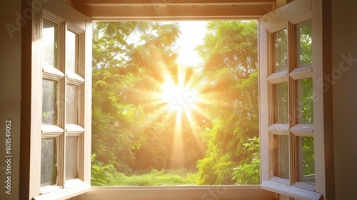   The sun brightly shines through the window, revealing a lush, green forest with tree-lined vistas © Mikus