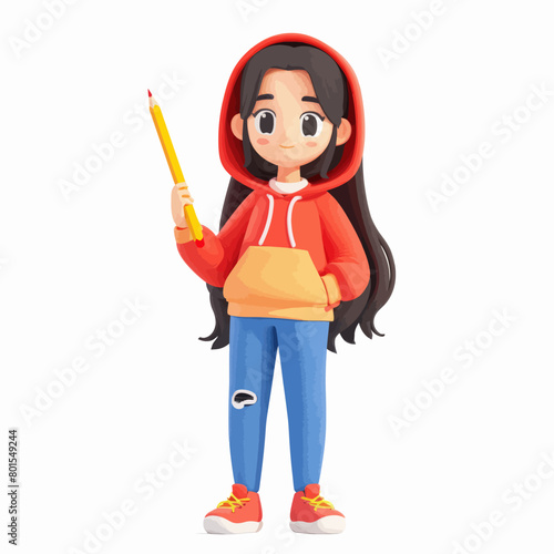 a girl in a red hoodie holding a pencil